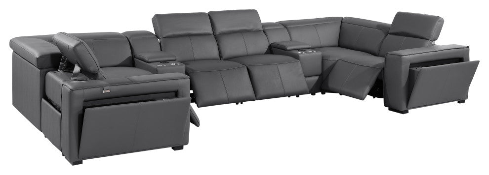 Niccolo Italian Leather 8-Piece U-Shaped 4 Power Reclining Sectional, Dark Gray.