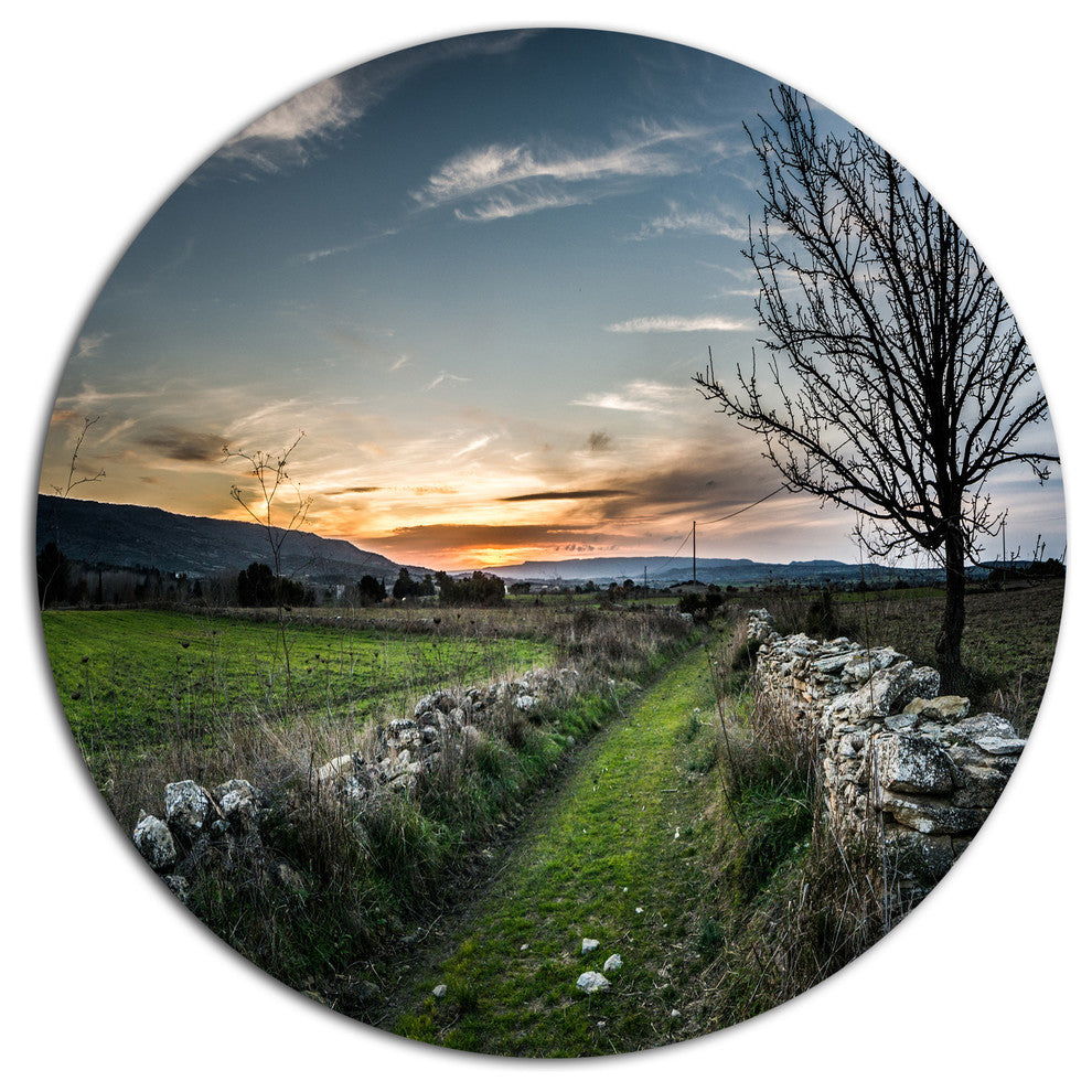 Rocky Fences In Green Grassland, Landscape Art Disc Metal Artwork, 38"