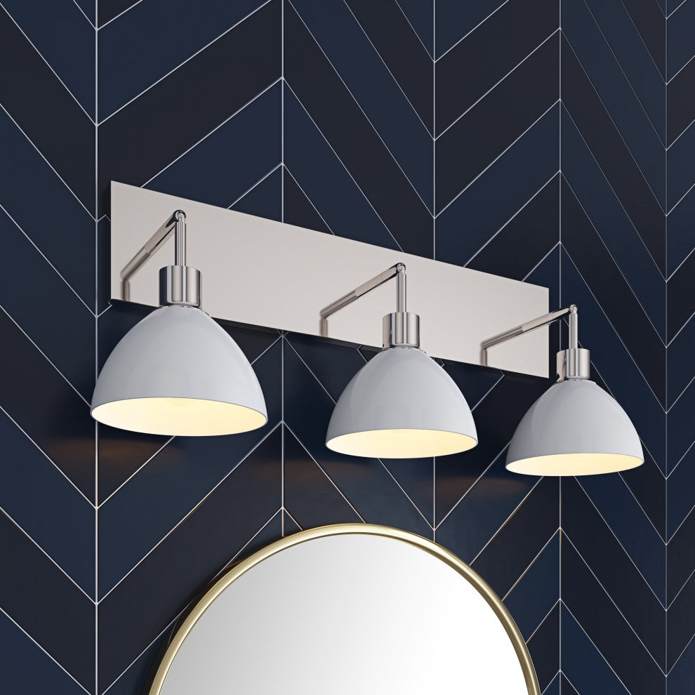 Modern 3-Light Bathroom Vanity Light Over Mirror with White Shades, Chrome