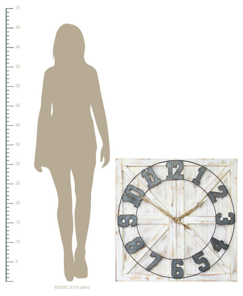 HomeRoots Square Distressed Wood and Metal Wall Clock With Vintage Touch