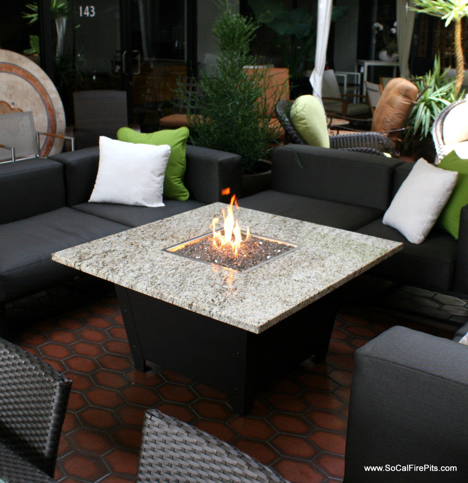 Square Fire Pit Table, 44x44, Chat Height, Propane, Santa Cecilli Top, Bronze