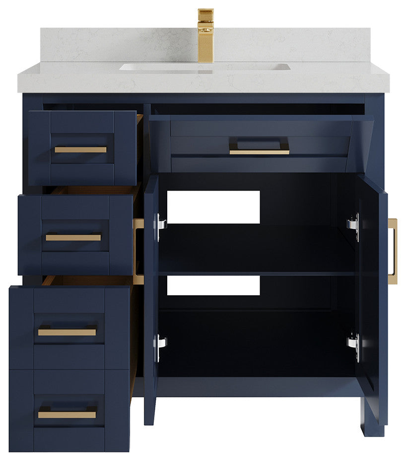 Cambridge 36 Center Sink Bath Vanity in Hale Navy Blue 2" Carrara Quartz