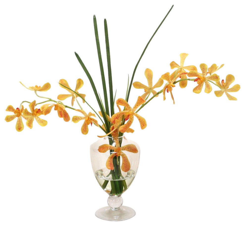 Waterlook® Yellow-Orange Vanda Orchids, Grass in Glass Urn
