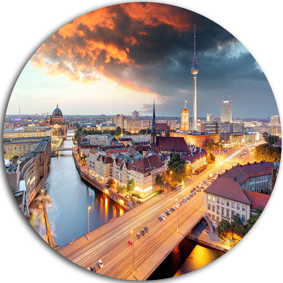 Berlin At Dawn With Dramatic Sky, Cityscape Disc Metal Artwork, 23"