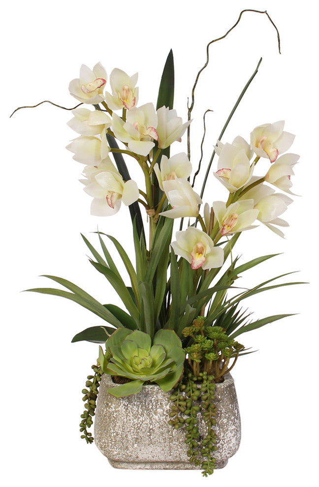 Real Touch White Cymbidium Orchids With Artificial Succulents in Concrete Pot