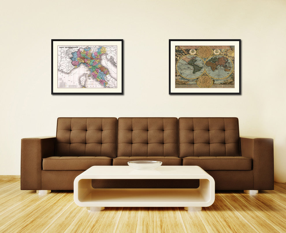 North Italy Vintage Map Print On Canvas With Picture Frame 28" X 37"