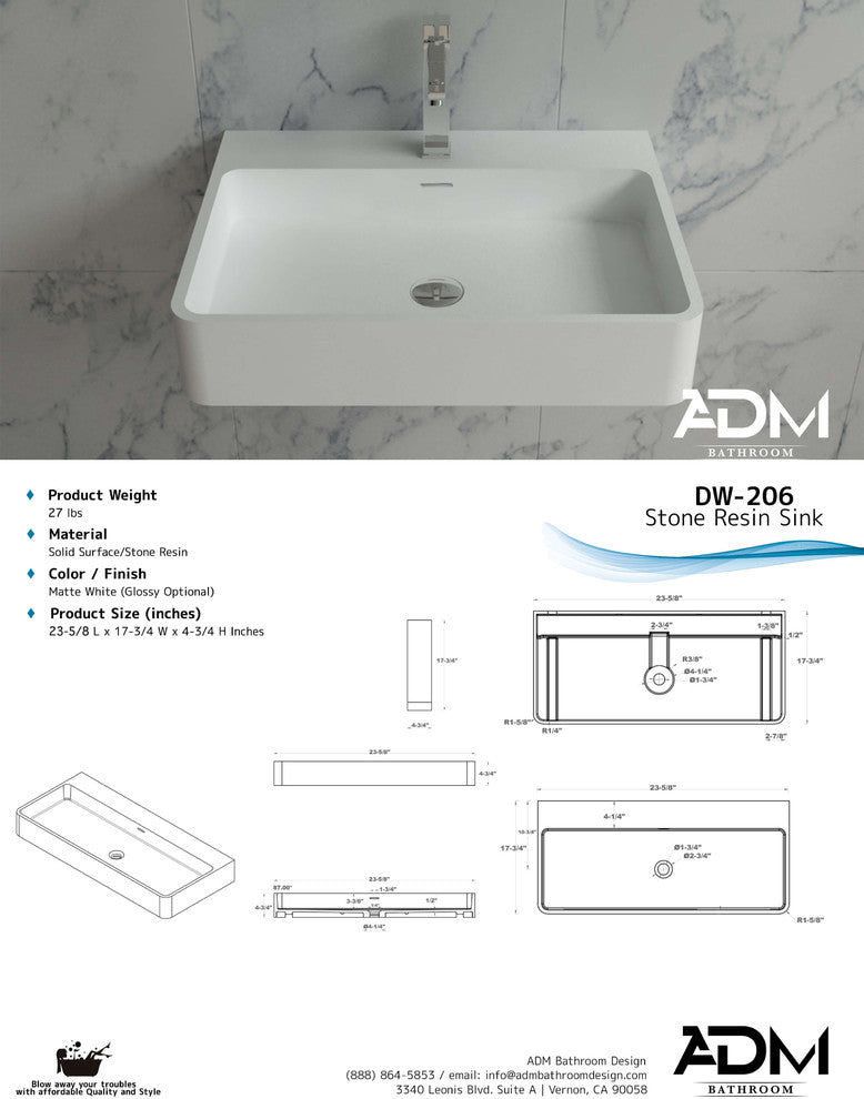 ADM Rectangular Wall Mounted Countertop Sink, White, 24", Glossy White