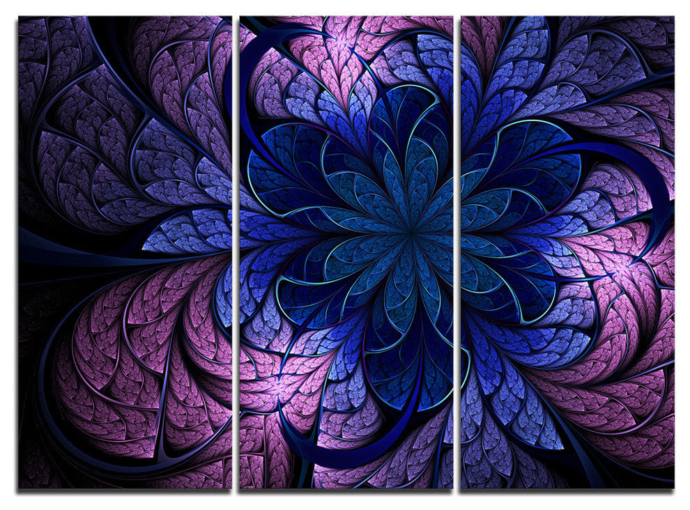 "Blue Purple Digital Fractal Flower" Metal Wall Art, 3 Panels, 36"x28"