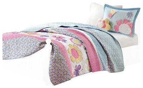 Mi Zone Kids Crazy Daisy Floral Coverlet Set, Blue Pink, Antimicrobial