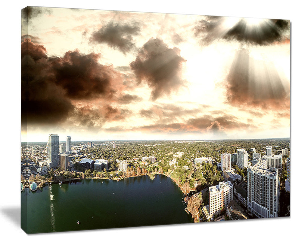 "Downtown Orlando Sunset Aerial" Seascape Art Canvas, 40"x30"