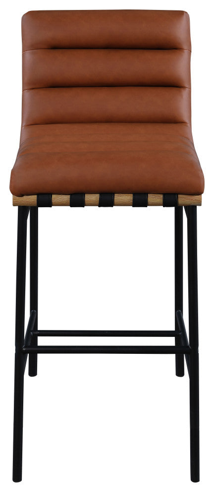 Burke Upholstered Bar Stool, Cognac, Vegan Leather, White Oak Veneer Metal Dowel