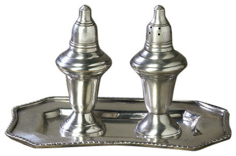 Salt and Pepper Shakers With Tray, Antique Silver