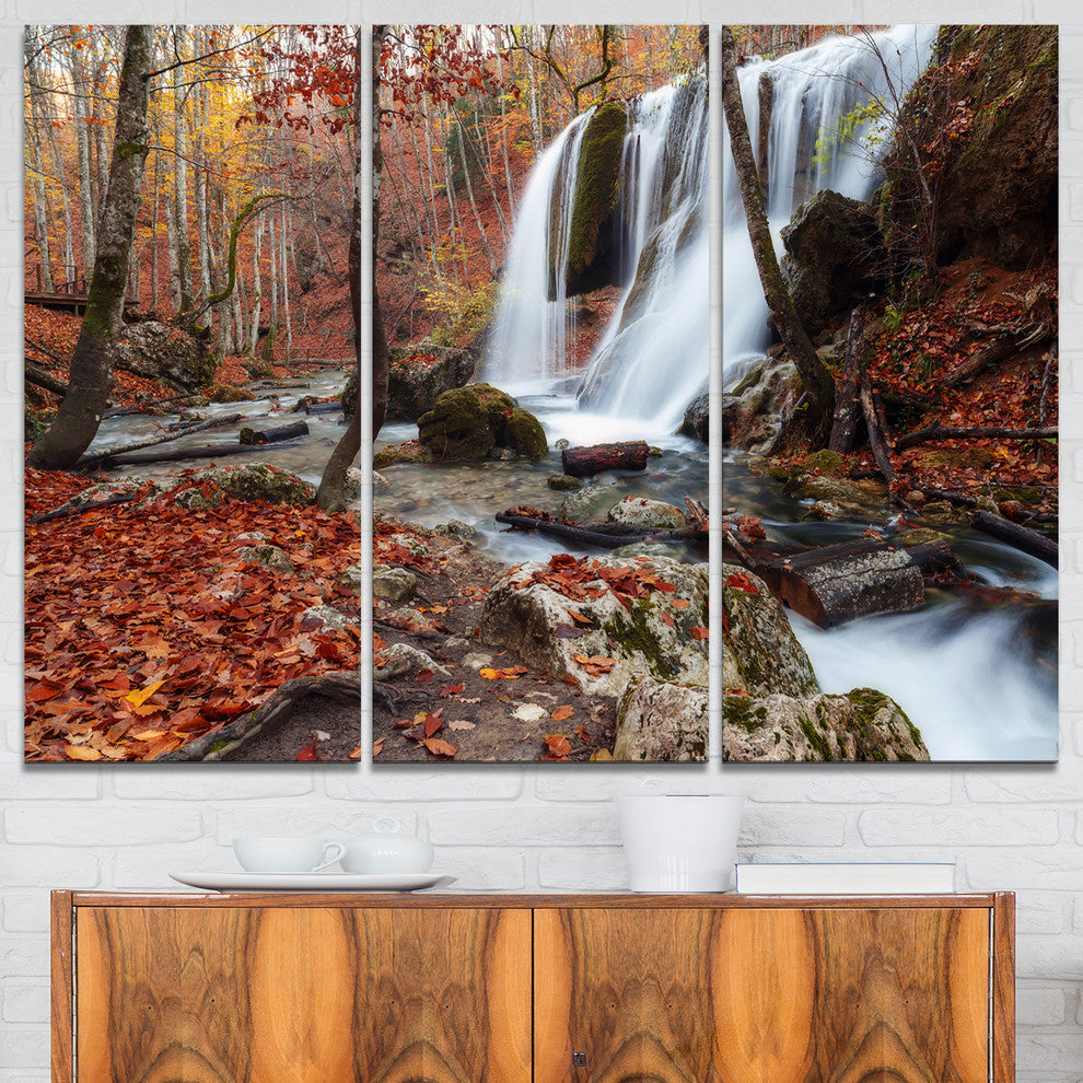 "Crimea Waterfall in the Fall" Photo Wall Art, 3 Panels, 36"x28"