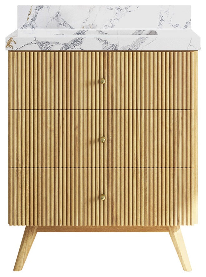 Pasadena 30" Single Sink Bath Vanity, Light Natural Teak 2" Calacatta Poanazzo
