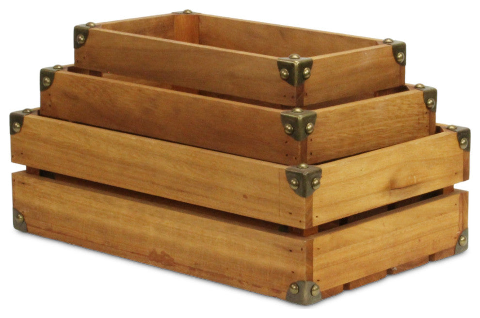 Rustic Farmstead Medium Brown Studded Wood Crate Set