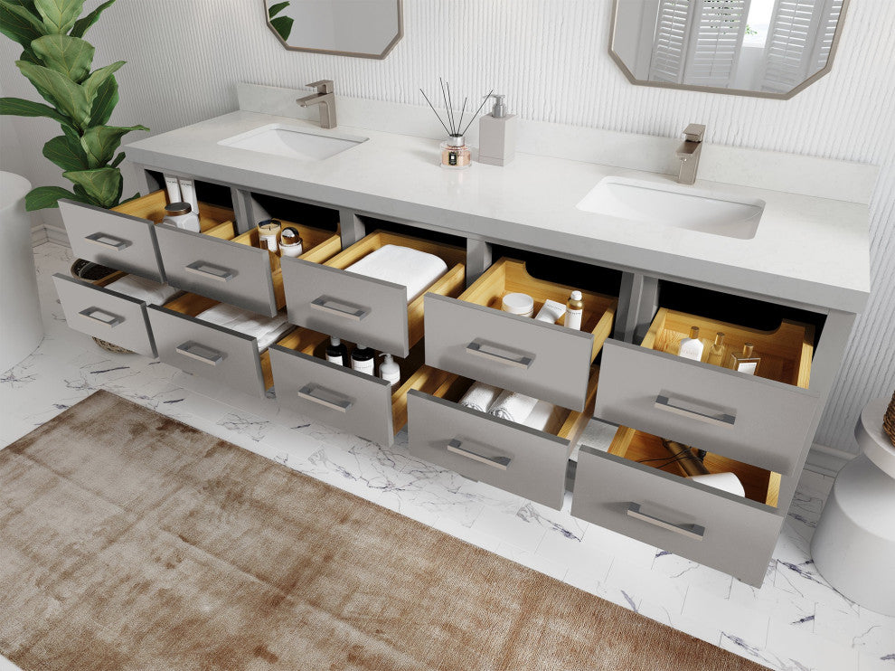 Parker 84" Double Sink Bath Vanity, Elephant Skin Gray 2" Calacatta Poanazzo