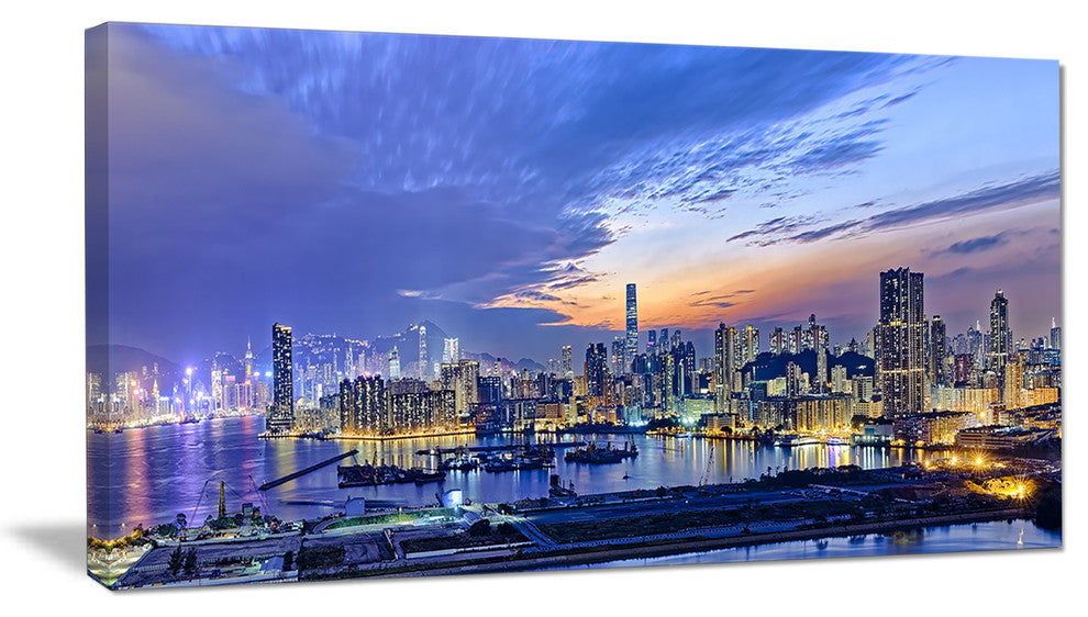 "Hong Kong City Sunset Panorama" Cityscape Artwork Canvas, 40"x20"