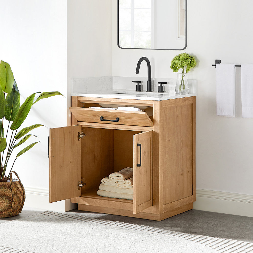 Gavino Vanity With Grain White Composite Stone Top, Light Brown/Matte Black, 30", No Mirror