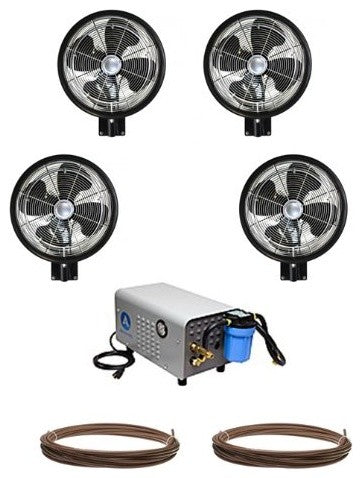 Kit of 4 High Pressure, 18" Oscillating Misting Fans, Enclosed Pump And Tubin