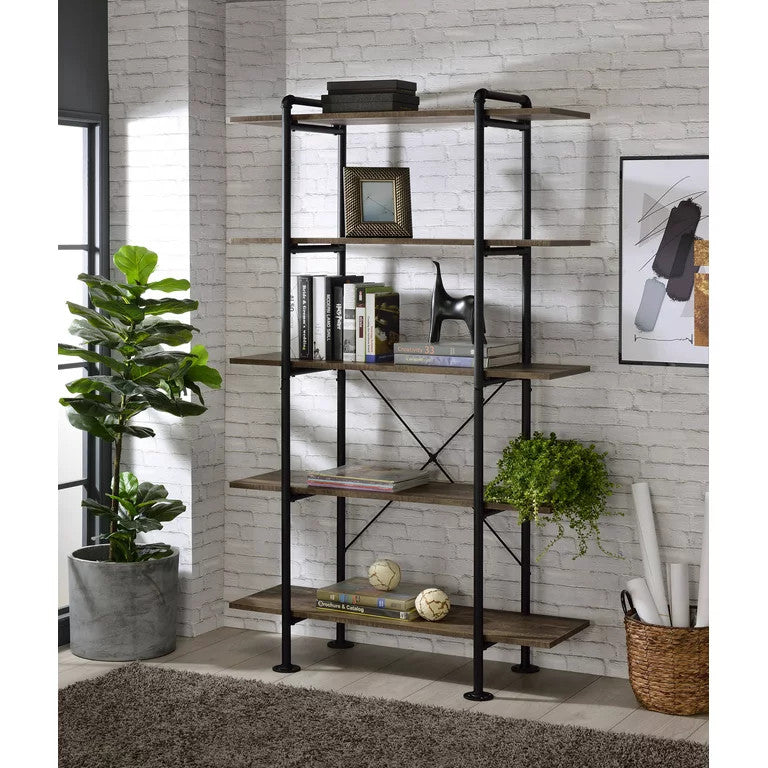 Industrial Bookcase, Black Pipe Metal Frame & Rustic Oak Finished Open Shelves