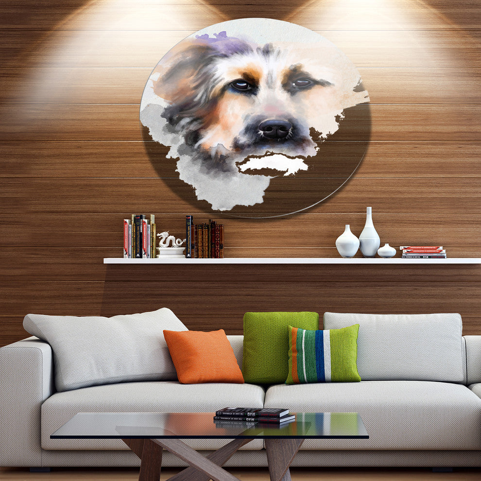 Sad Dog Watercolor Illustration, Modern Animal Disc Metal Wall Art, 36"
