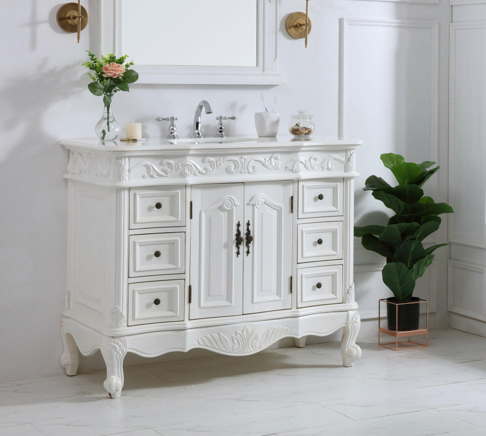 42" Single Bathroom Vanity, Antique White With Ivory White Engineered Marble