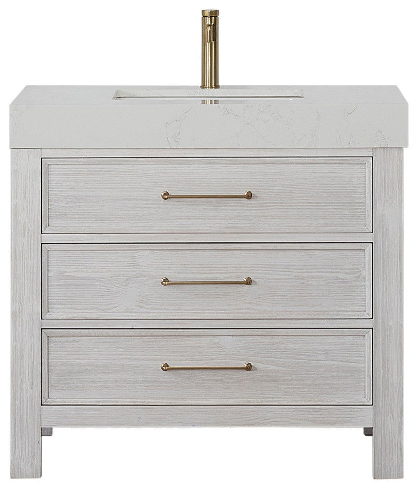 Leon Bath Vanity With Composite Stone Top, Washed White, 36", No Mirror