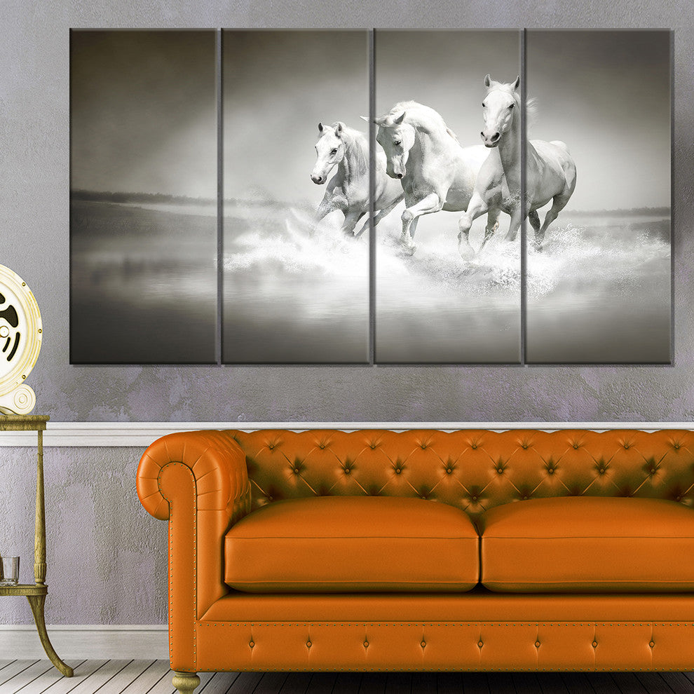 Horses Running Through Water, Oversized Animal Wall Art, 48"x28", 4 Panels