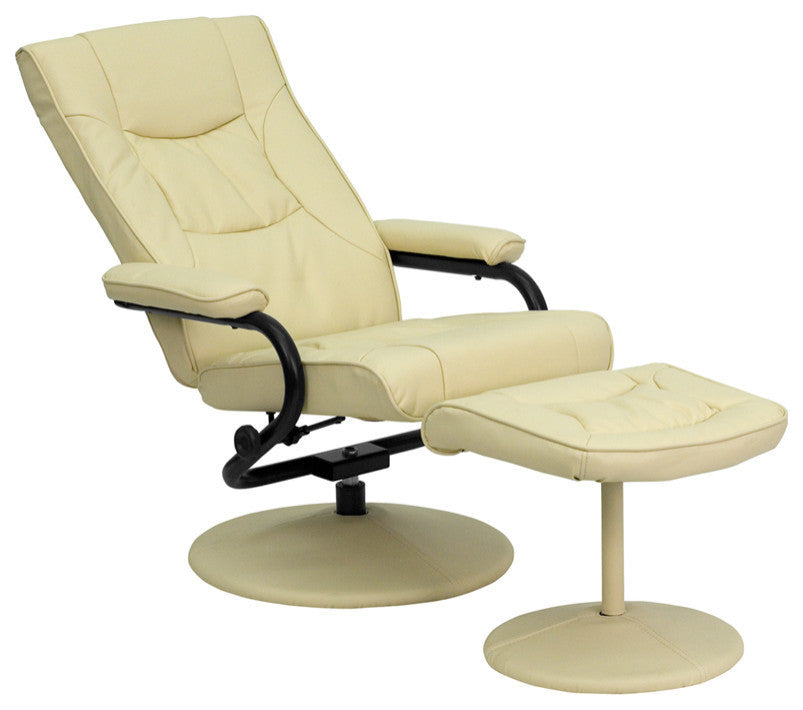 Cream Leather Recliner and Ottoman With Leather Wrapped Base