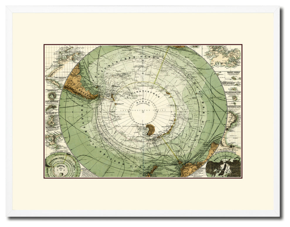 Antarctica South Pole Old Map Print On Canvas With Frame 16" X 21"
