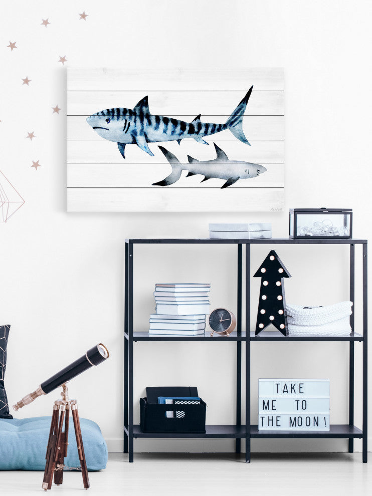 "Sharks Duo" Painting Print on White Wood, 18x12