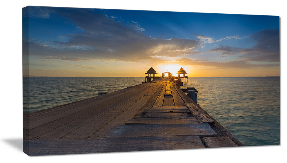 "Huge Wooden Pier Into Setting Sun" Sea Pier and Bridge Wall Art Canvas, 32"x16"