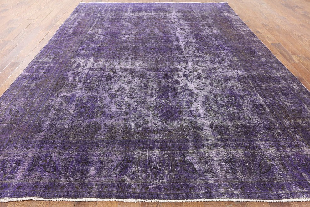 Unique Purple Overdyed Floral 10'x13' Oriental Hand Knotted Wool Area Rug