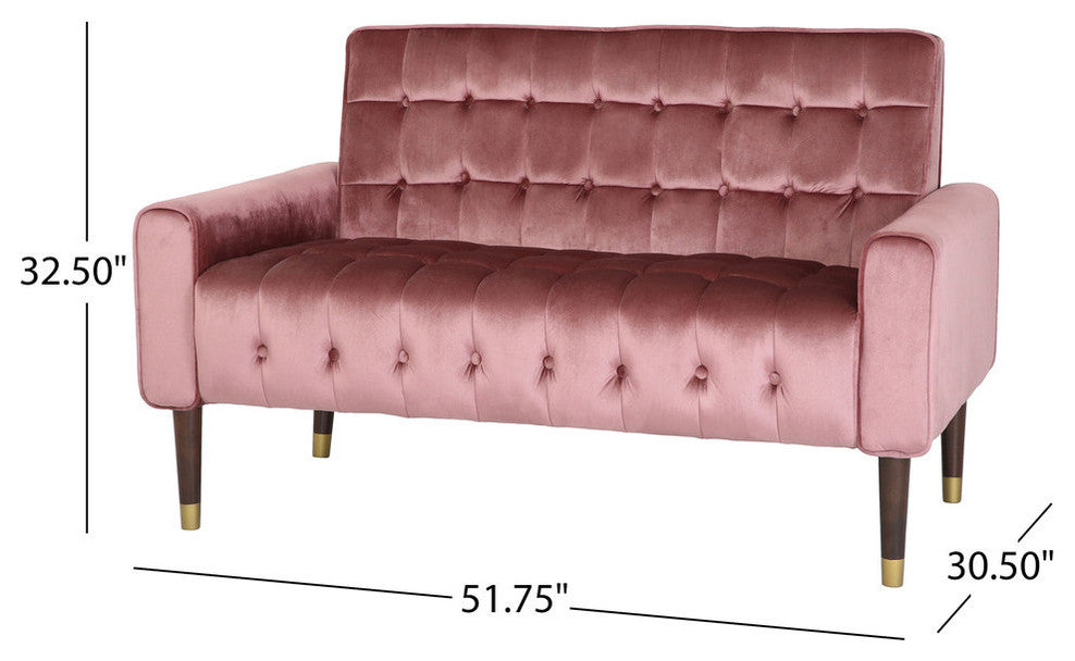 Aubrie Tufted Velvet Loveseat With Gold Tipped Tapered Legs, Blush, Gold Finish