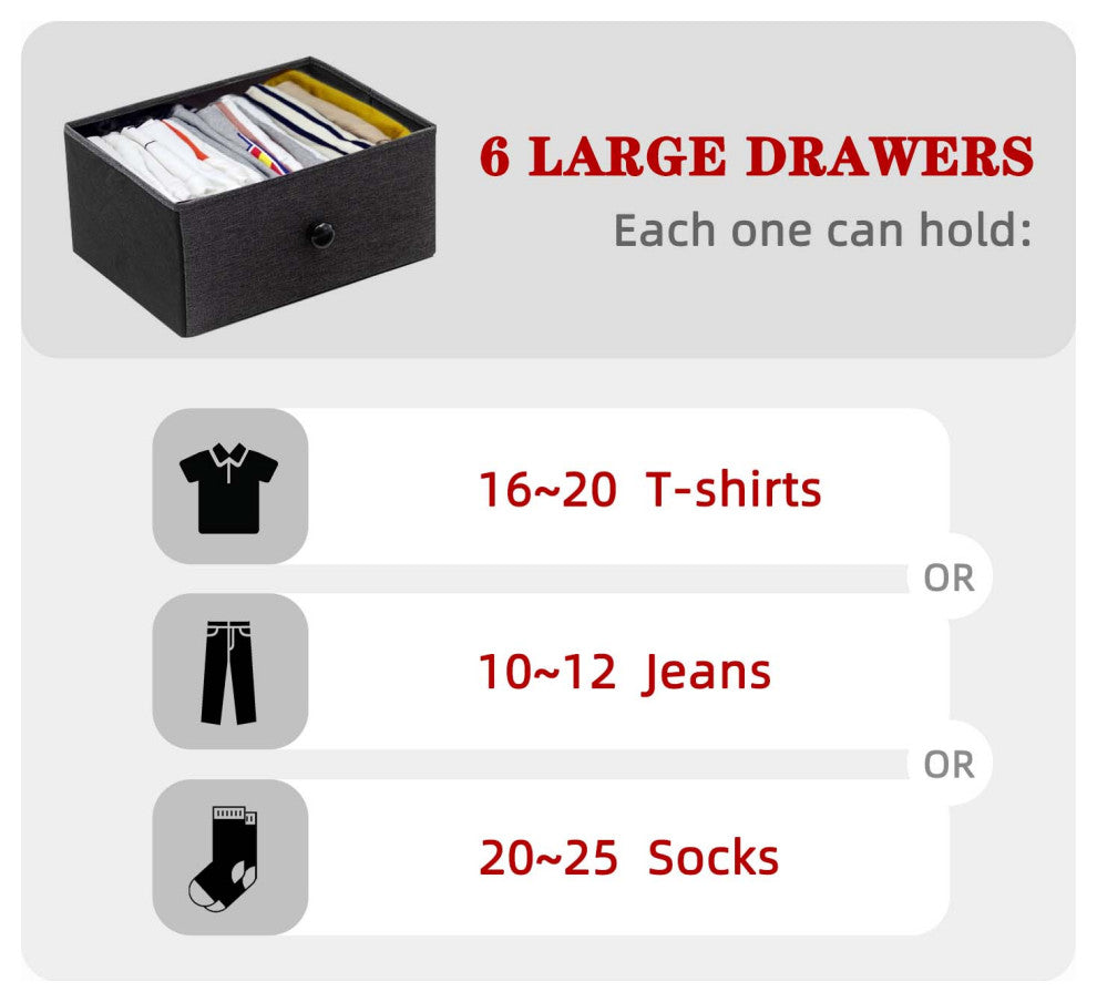 6 Fabric Drawers Steel Frame Double Dresser, Black