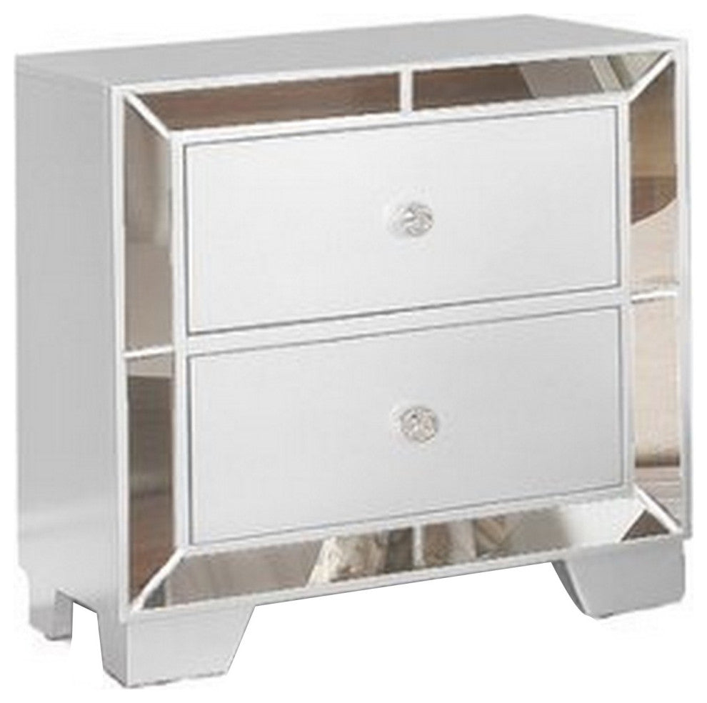 Benzara BM283145 Modern Wood Nightstand, 2 Drawers, Mirrored Edges, Clean White