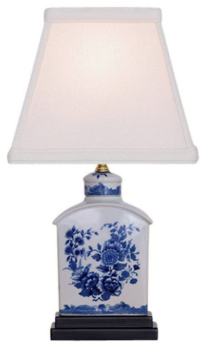 Blue and White Floral Porcelain Tea Caddy Table Lamp 13"