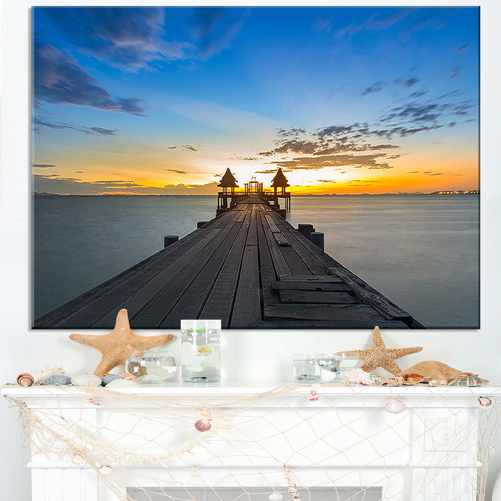 "Long Wood Pier Leading To Colorful Sea" Sea Bridge Canvas Wall Artwork, 40"x30"