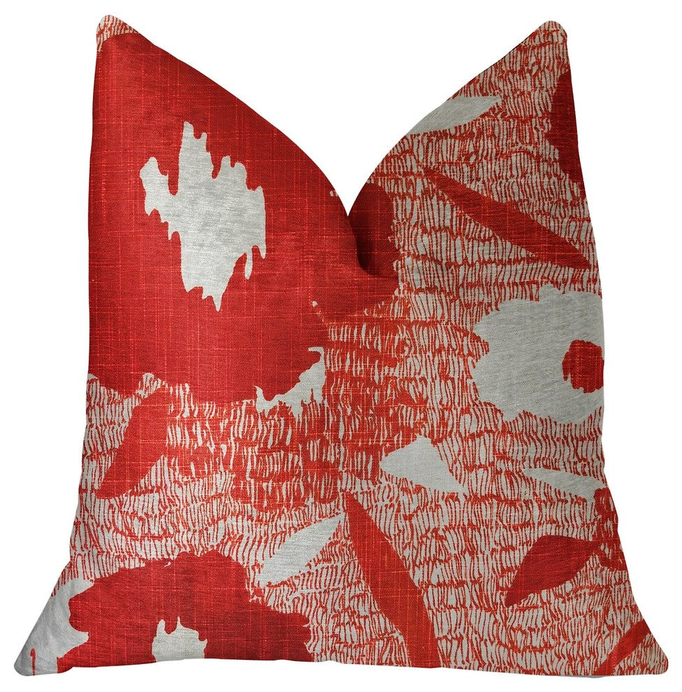 Hibiscus Red and Beige Luxury Throw Pillow, 12"x20"