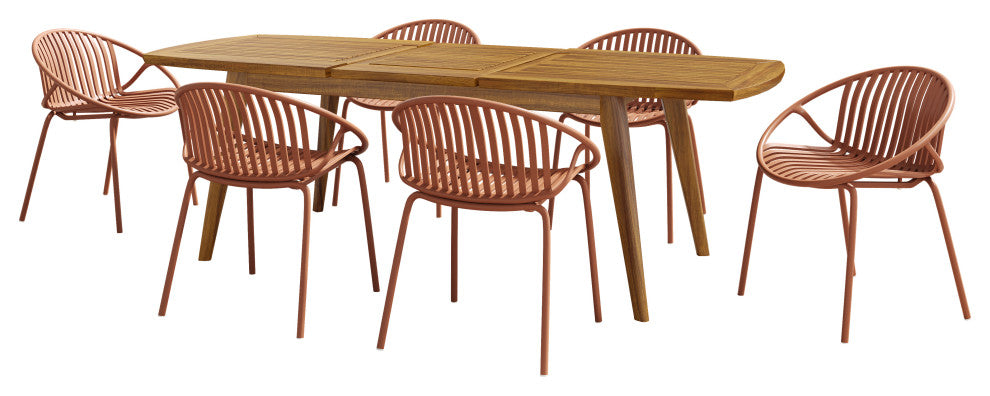 GDF Studio 7-Piece Outdoor Dining Set, Table & Stackable Chairs, Orange/Brown