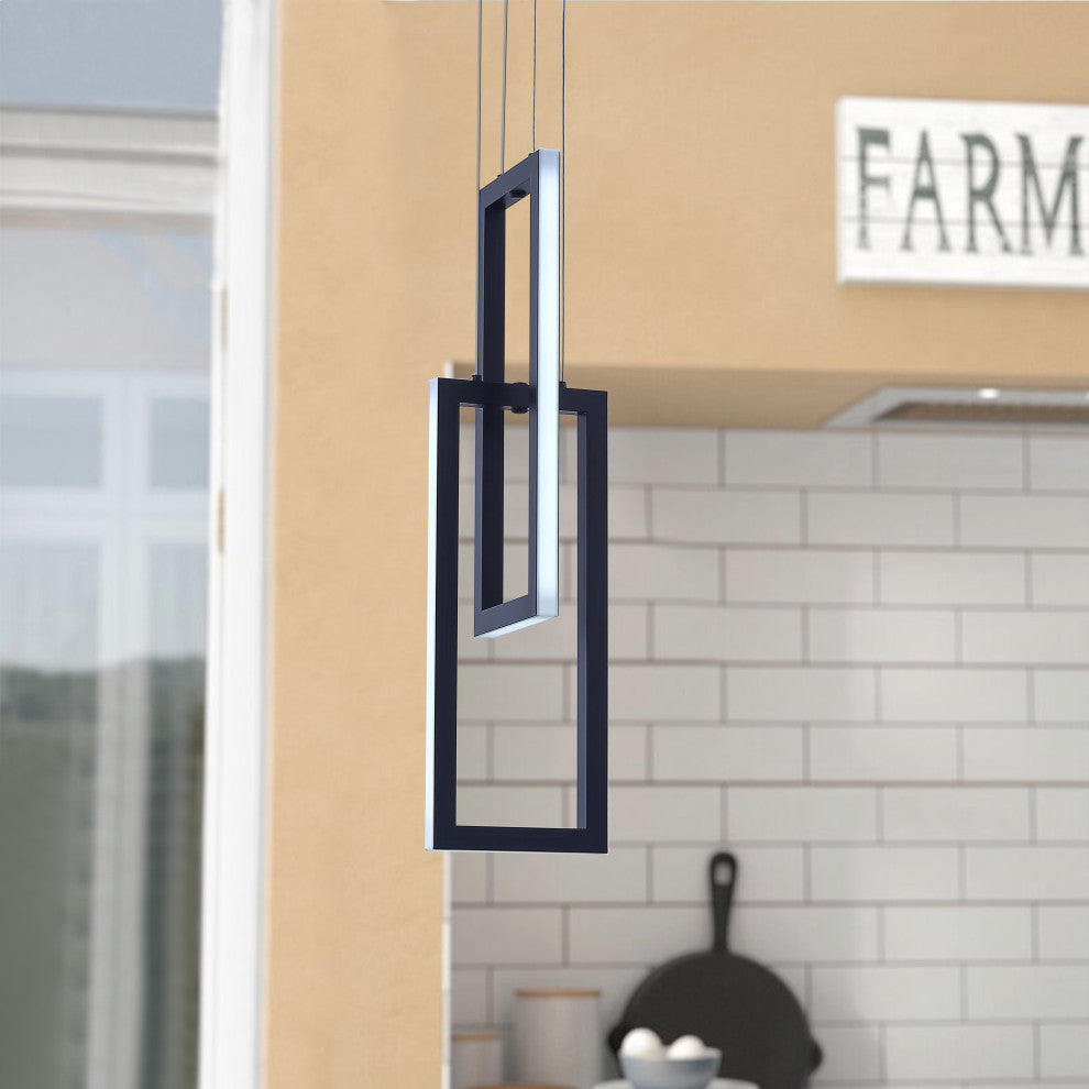 2-Light Rectangle LED Pendant Light Chandelier, Black