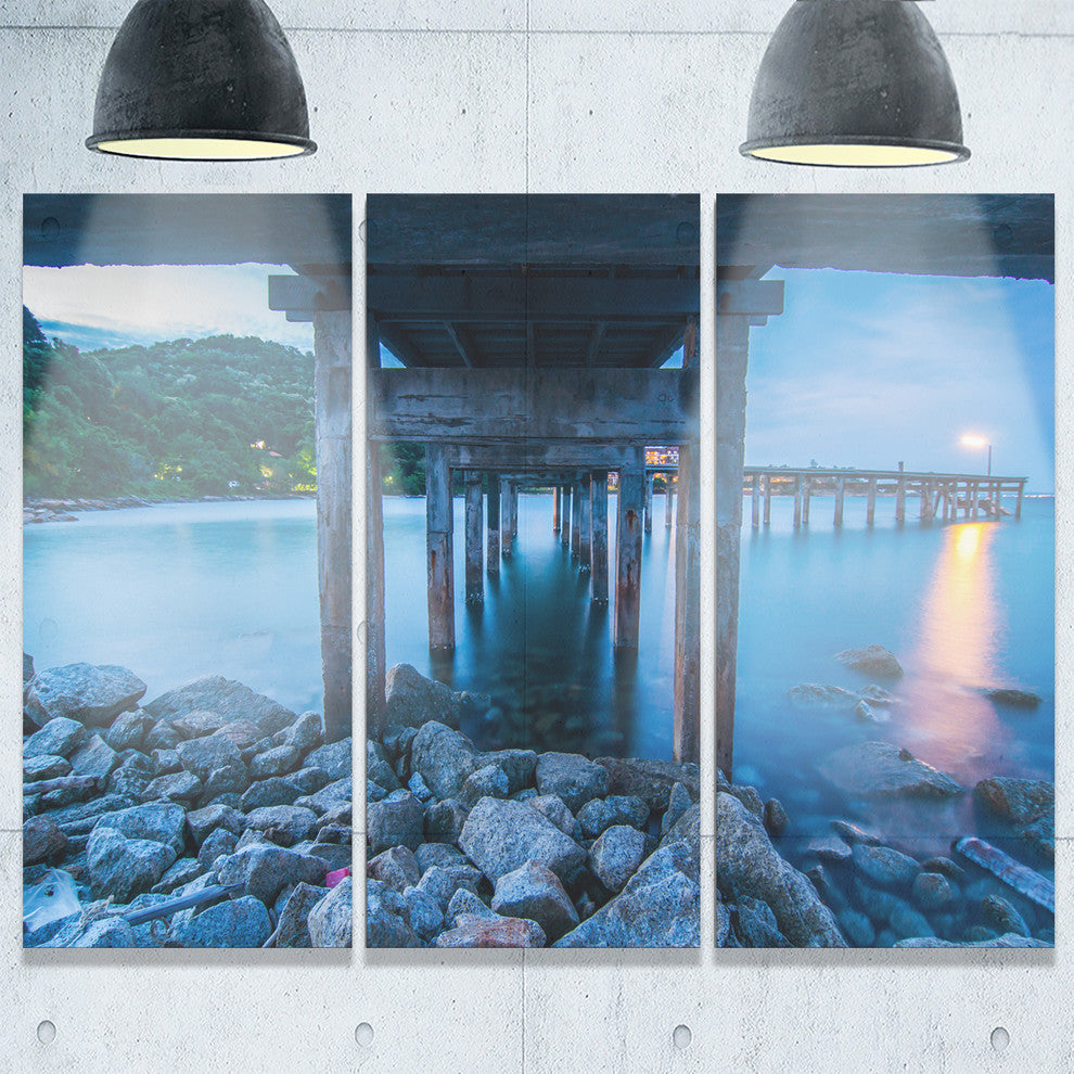 "Under Wood Bridge at Twilight" Sea Bridge Metal Wall Art, 3 Panels, 36"x28"