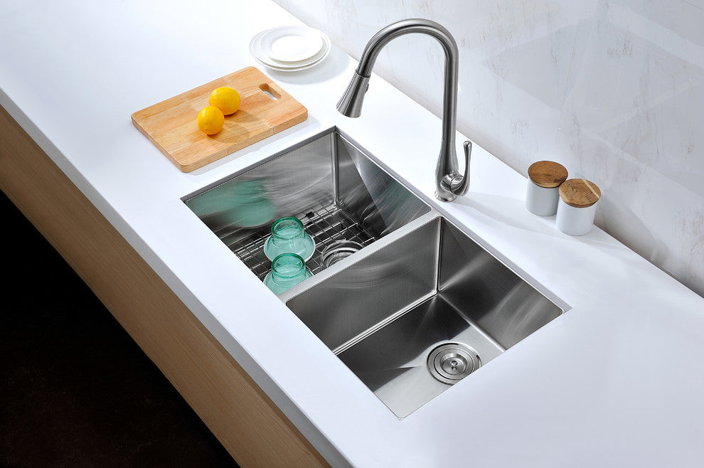 Undermount 32" 0-Hole 50/50 Double Bowl Kitchen Sink,Brushed Satin