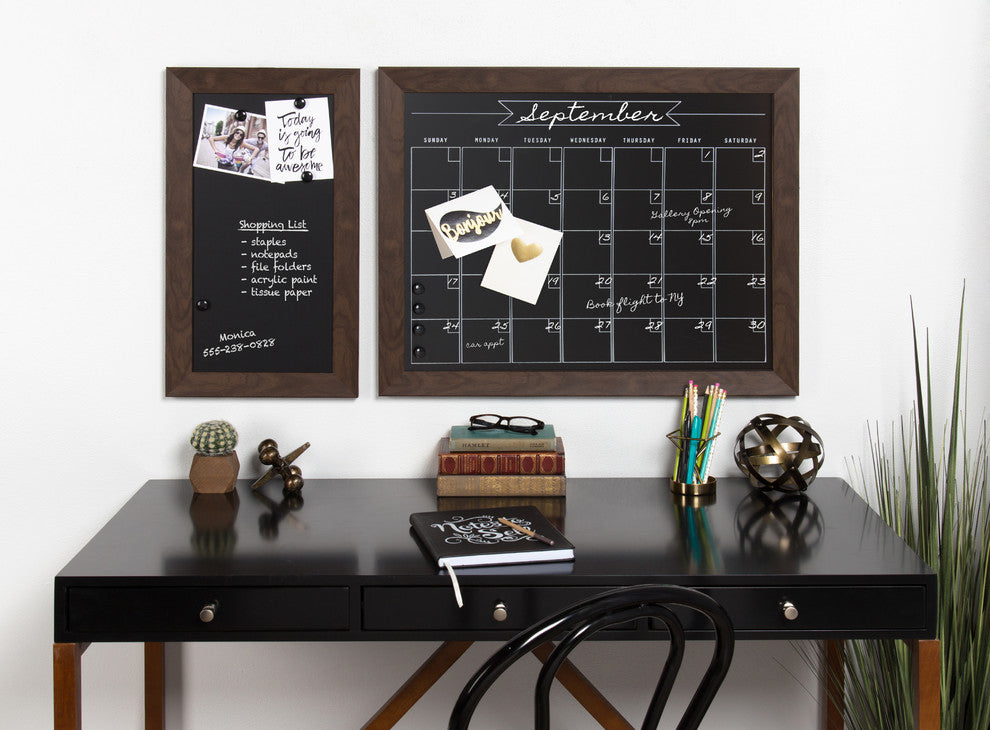 DesignOvation Beatrice Framed Magnetic Chalkboard Monthly Calendar, Walnut Brown