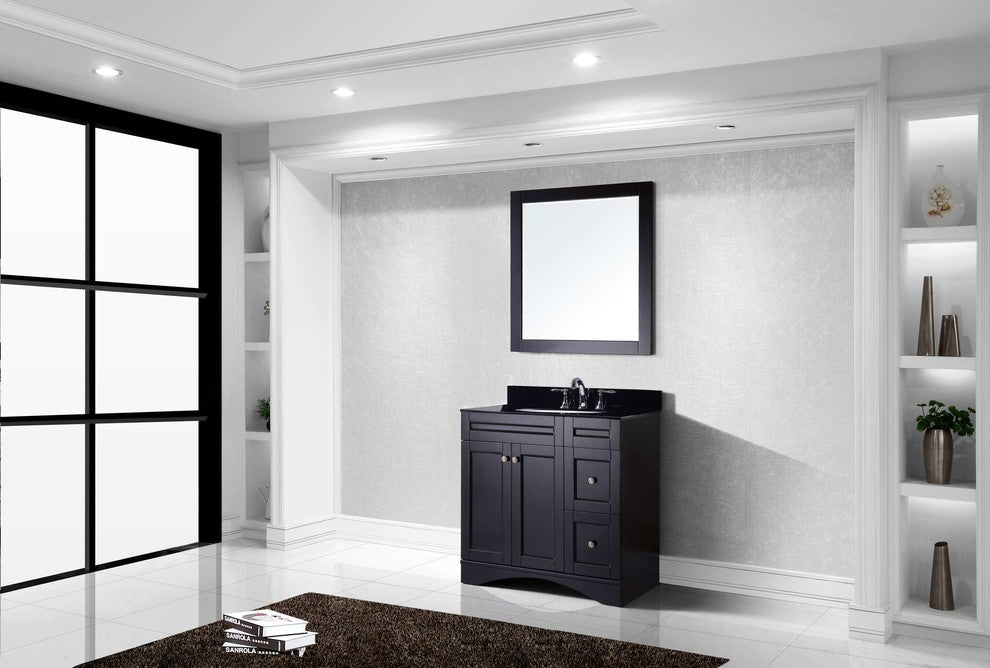 Virtu Elise 36" Single Bathroom Vanity, Espresso, Black Granite Top, Mirror