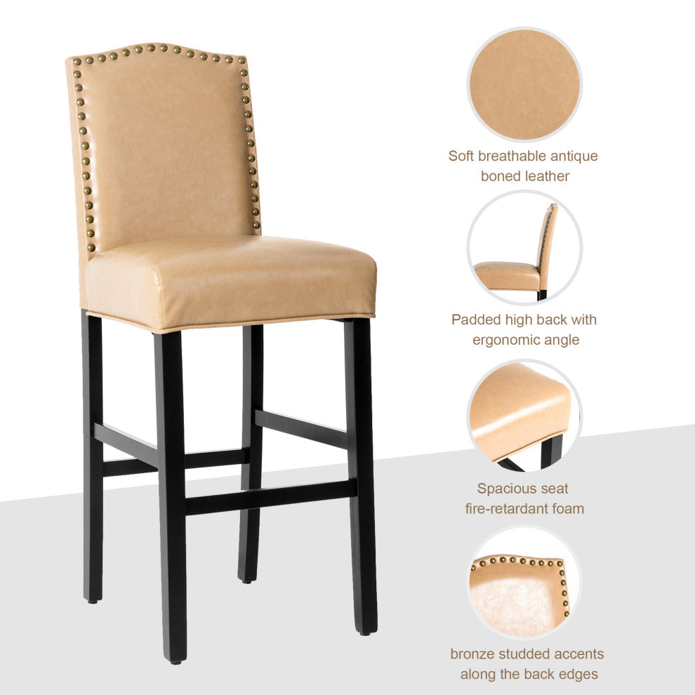 Upholstered PU Bar Chair With Studded Decor, Set of 2, Beige