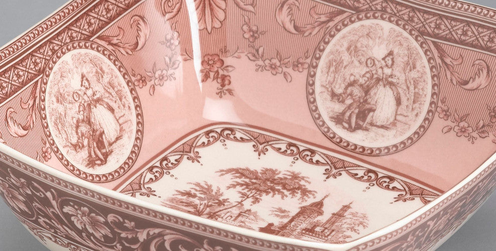 Nathaly Porcelain Scene Square Serving Bowl, Dark Red