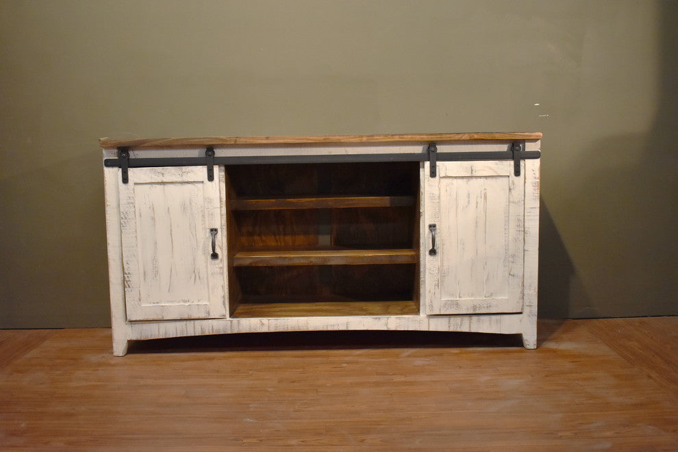 Rustic 68" White Barn-Door Media Console