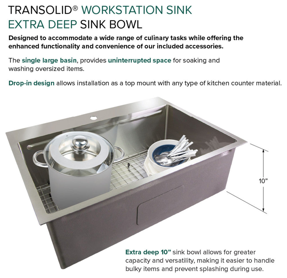 Transolid KWSST332210 Kitchen Workstation, 3 Faucet Holes