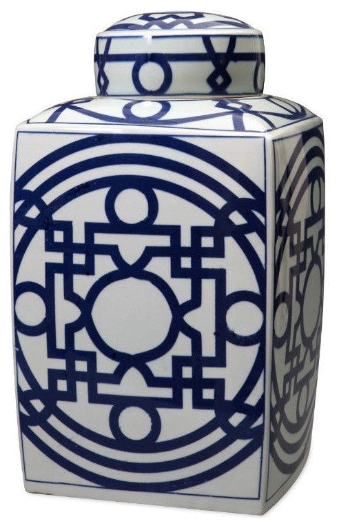 Blue and White Patterned Porcelain Square Tea Jar Caddie 16"
